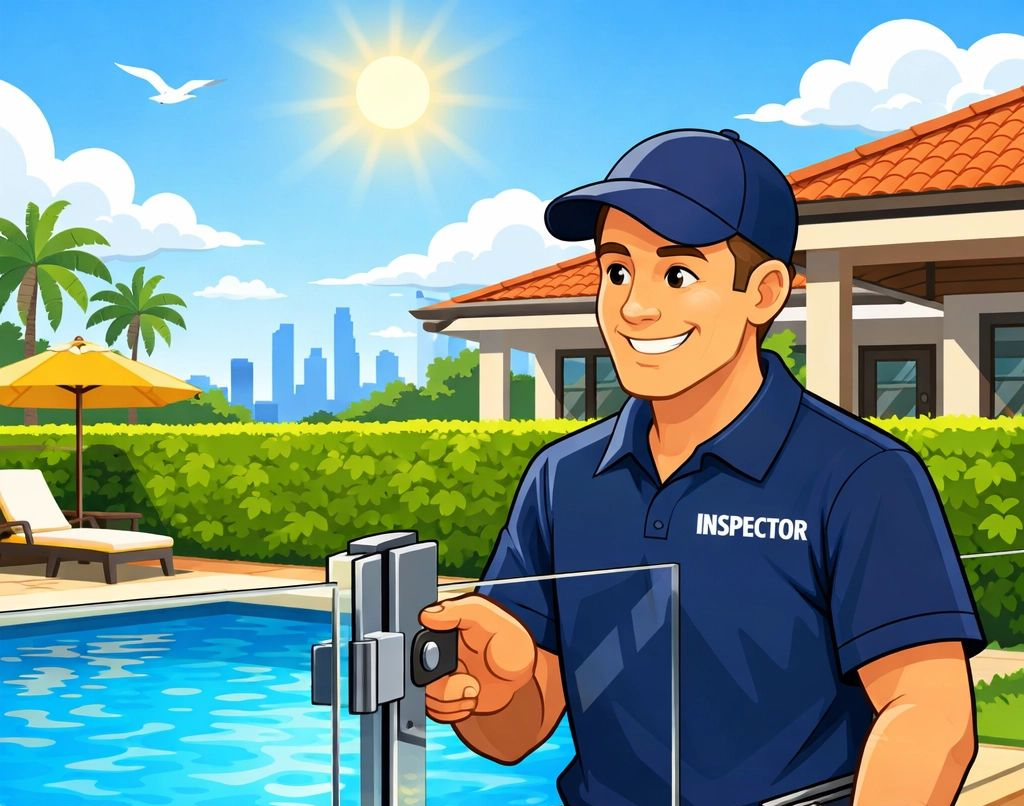 A Smiling Inspector in a Uniform Checks a Glass Pool Safety Fence — Get My Pool Certified in Burleigh Waters, QLD