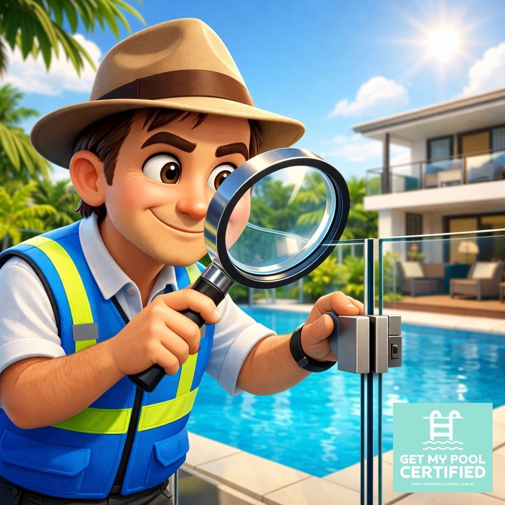 An Inspector Examines a Glass Pool Fence With a Magnifying Glass — Get My Pool Certified in Burleigh Waters, QLD