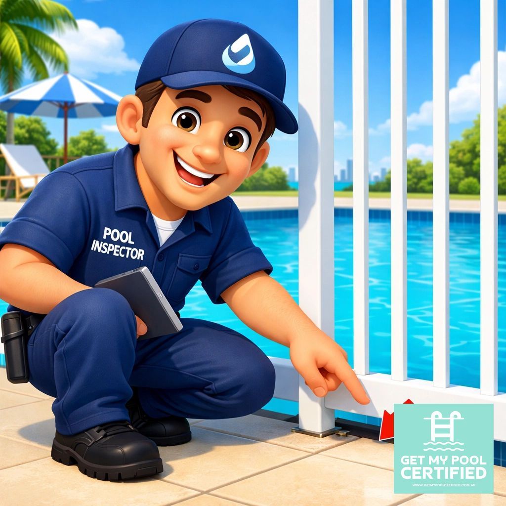 Inspector in a Blue Uniform Pointing to a Fence Gate by a Swimming Pool — Get My Pool Certified in Burleigh Waters, QLD