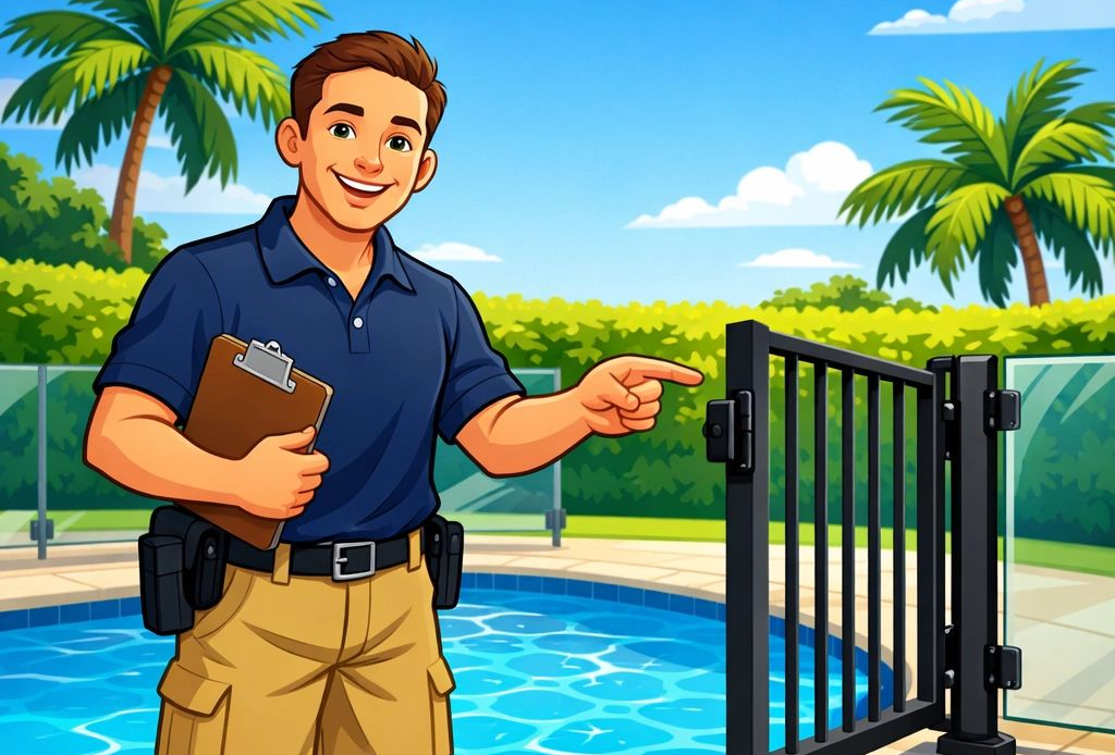A Professional Standing by a Swimming Pool Points to a Safety Gate — Get My Pool Certified in Burleigh Waters, QLD
