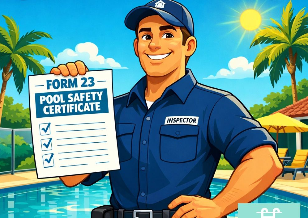 A Smiling Pool Inspector in Uniform Holding a Form 23 Pool Safety Certificate — Get My Pool Certified in Burleigh Waters, QLD