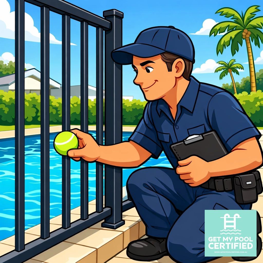 A Pool Inspector Kneeling by a Pool Fence — Get My Pool Certified in Burleigh Waters, QLD
