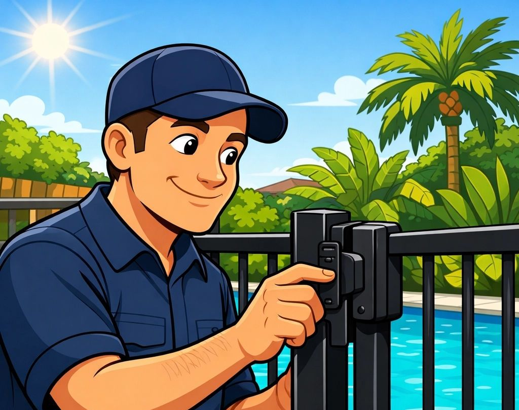 A Person in a Blue Uniform Inspecting a Swimming Pool Fence — Get My Pool Certified in Burleigh Waters, QLD