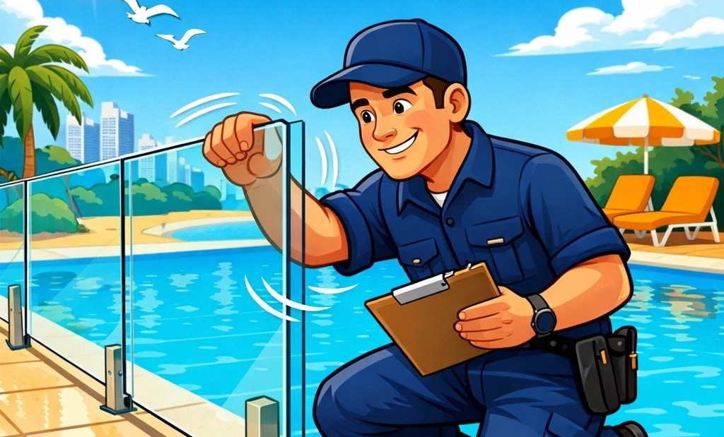 A Person in a Blue Uniform Checks the Stability of a Glass Pool Fence — Get My Pool Certified in Burleigh Waters, QLD