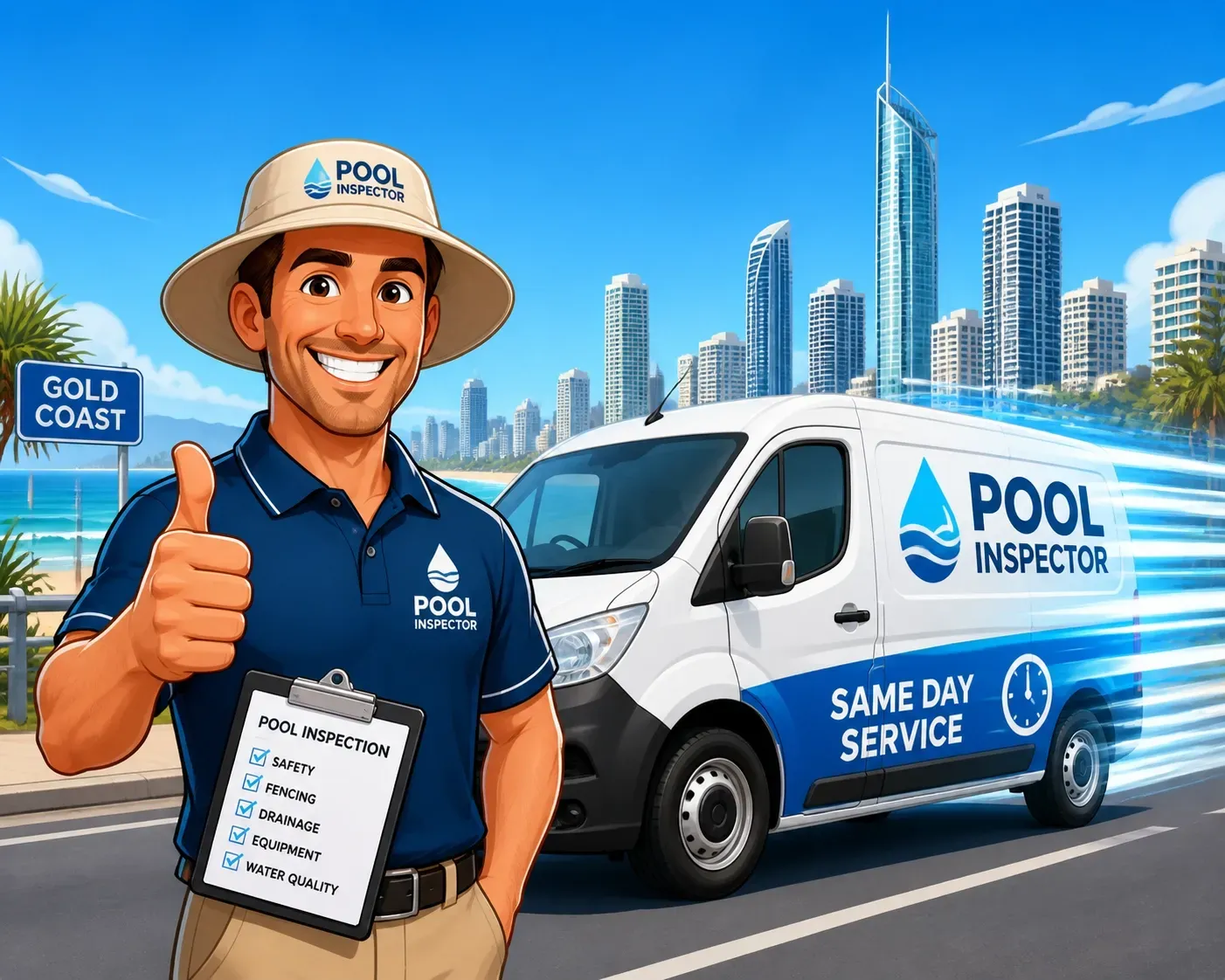 Pool Inspector Smiling With Clipboard Beside Service Van — Get My Pool Certified in Burleigh Waters, QLD