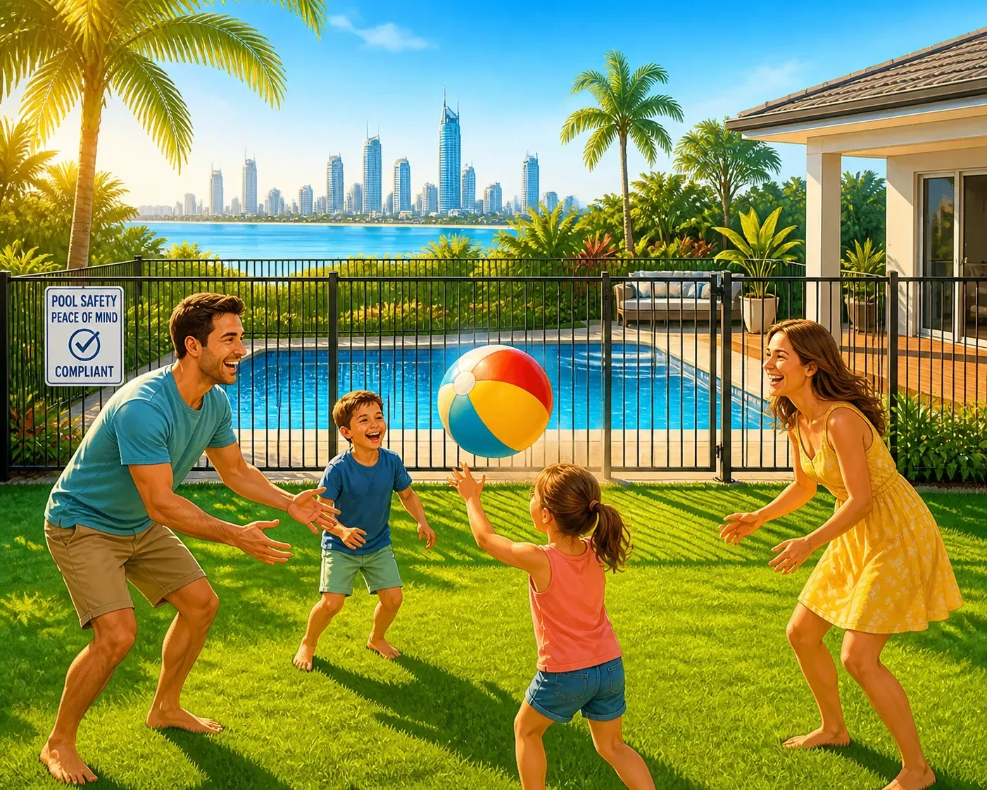 Family Playing With a Beach Ball by a Pool — Get My Pool Certified in Burleigh Waters, QLD