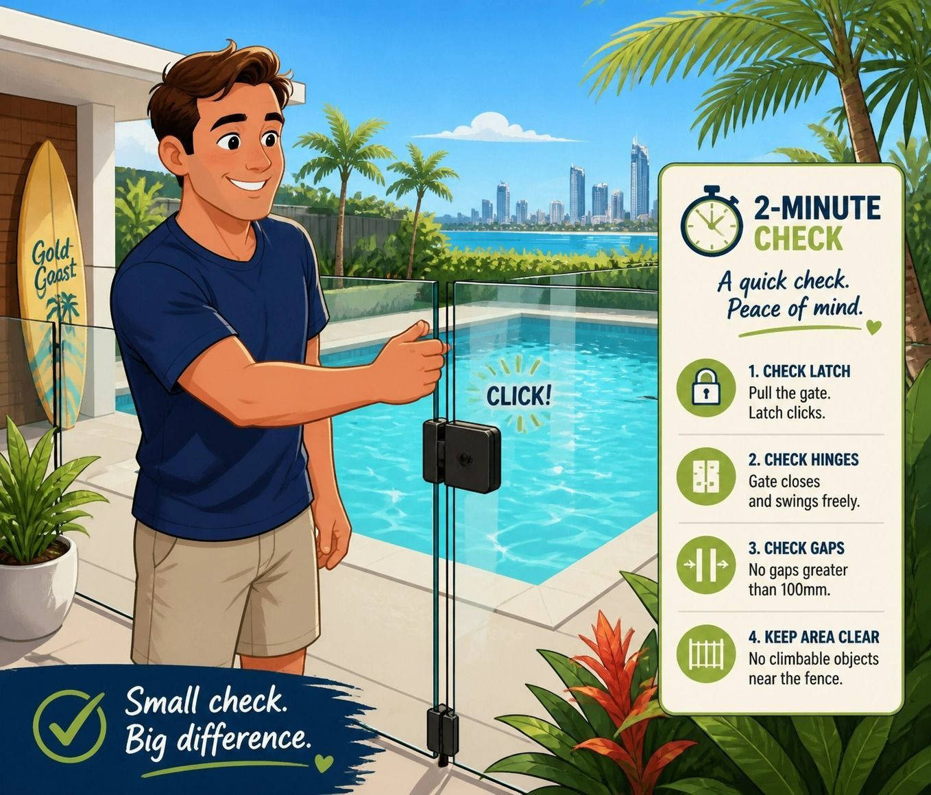 MAN on a Balcony Checks a Pool Gate — Get My Pool Certified in Burleigh Waters, QLD