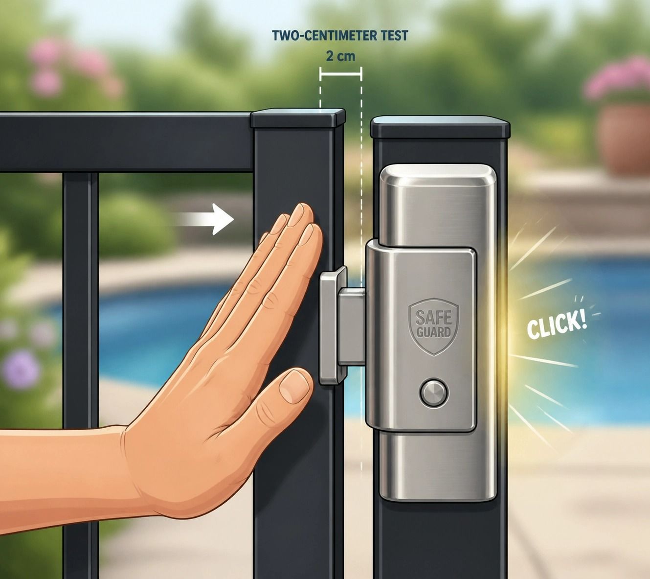 Hand Pushes a Black Gate Toward a Silver Latch — Get My Pool Certified in Burleigh Waters, QLD