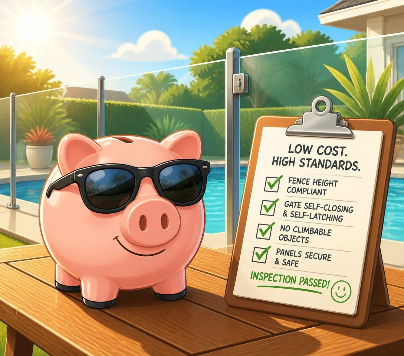 Pink Piggy Bank Wearing Sunglasses Beside a Checklist Clipboard — Get My Pool Certified in Burleigh Waters, QLD