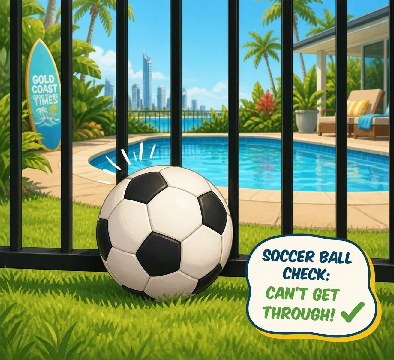 Soccer Ball on Grass by a Pool With City Skyline — Get My Pool Certified in Burleigh Waters, QLD