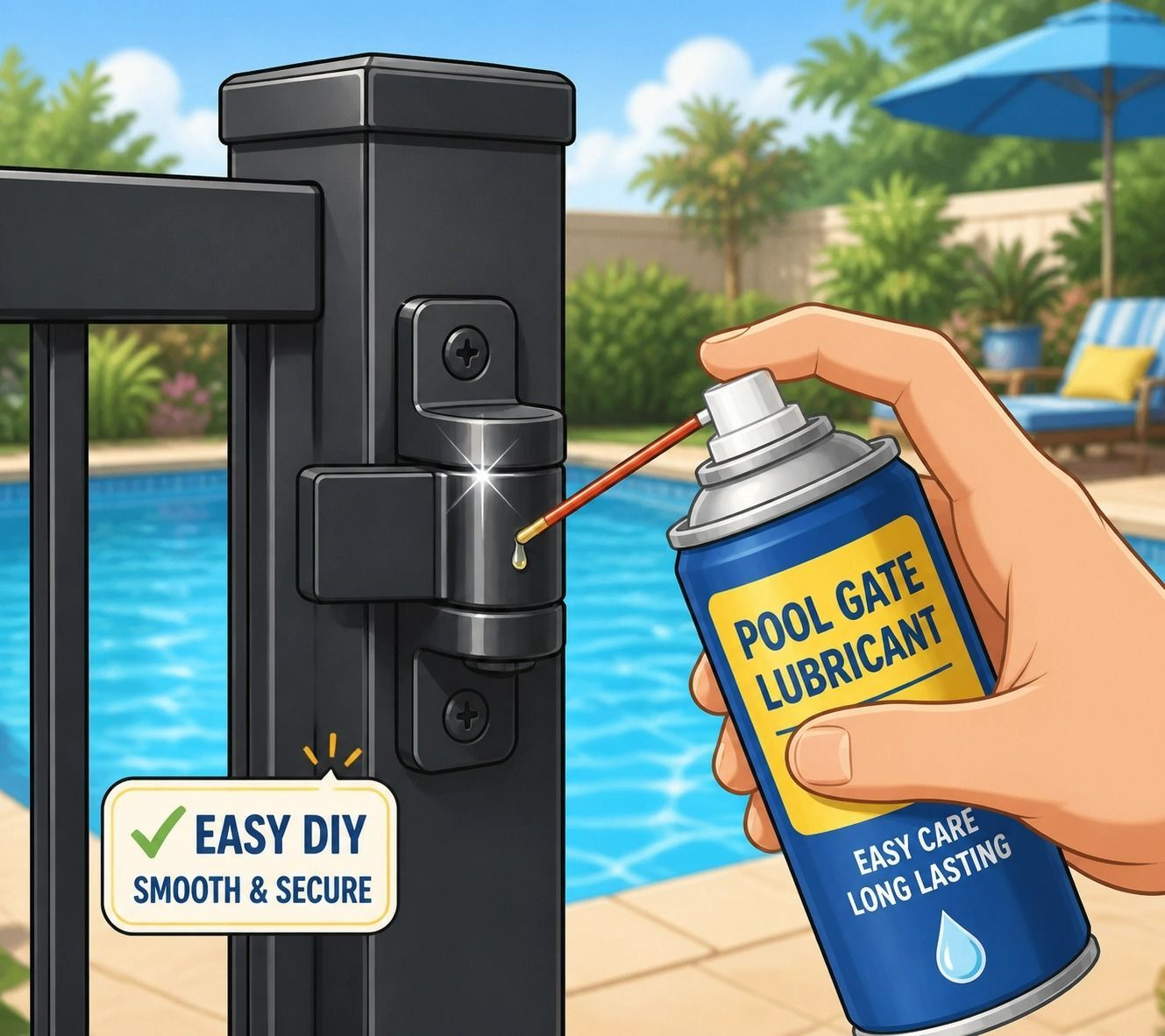 Hand Spraying Lubricant on a Black Pool Gate — Get My Pool Certified in Burleigh Waters, QLD