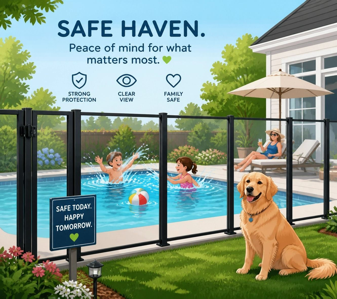 Pool Safety Poster With Children and Dog by a Fenced Backyard Pool — Get My Pool Certified in Burleigh Waters, QLD