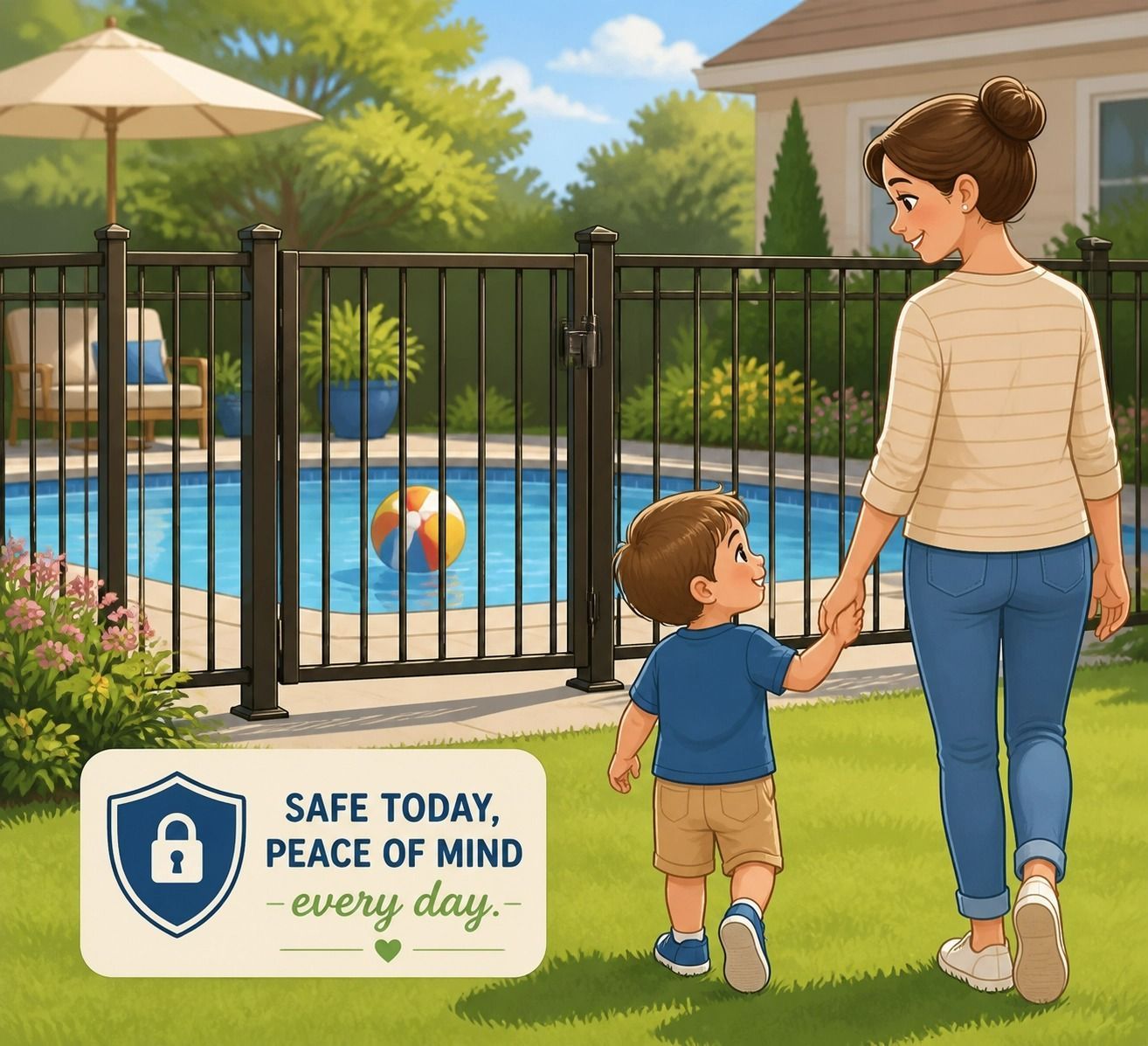 Mother and Child Walking by a Fenced Pool With a Sign — Get My Pool Certified in Burleigh Waters, QLD
