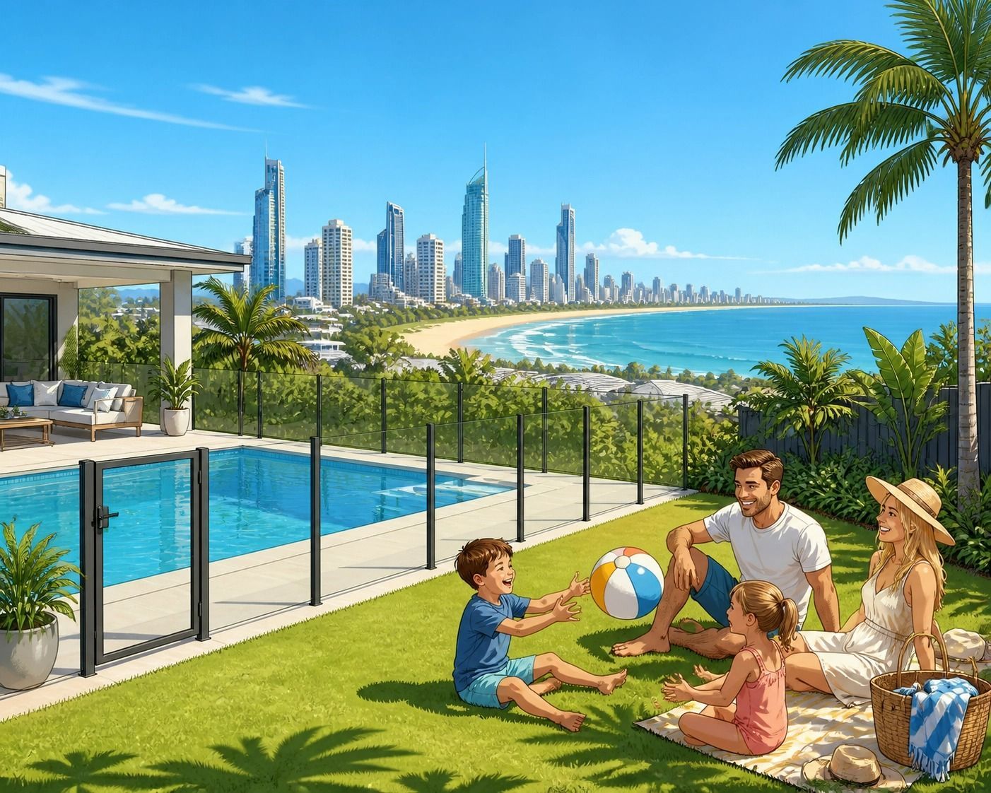 Family Relaxing on a Lawn by a Pool, With a Beach — Get My Pool Certified in Burleigh Waters, QLD