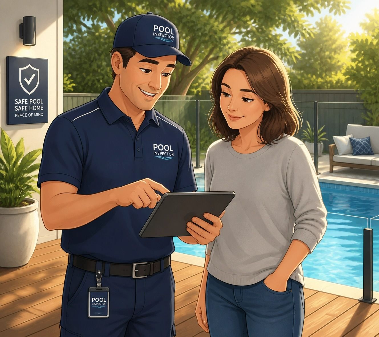 Pool Service Worker Shows a Woman a Tablet — Get My Pool Certified in Burleigh Waters, QLD