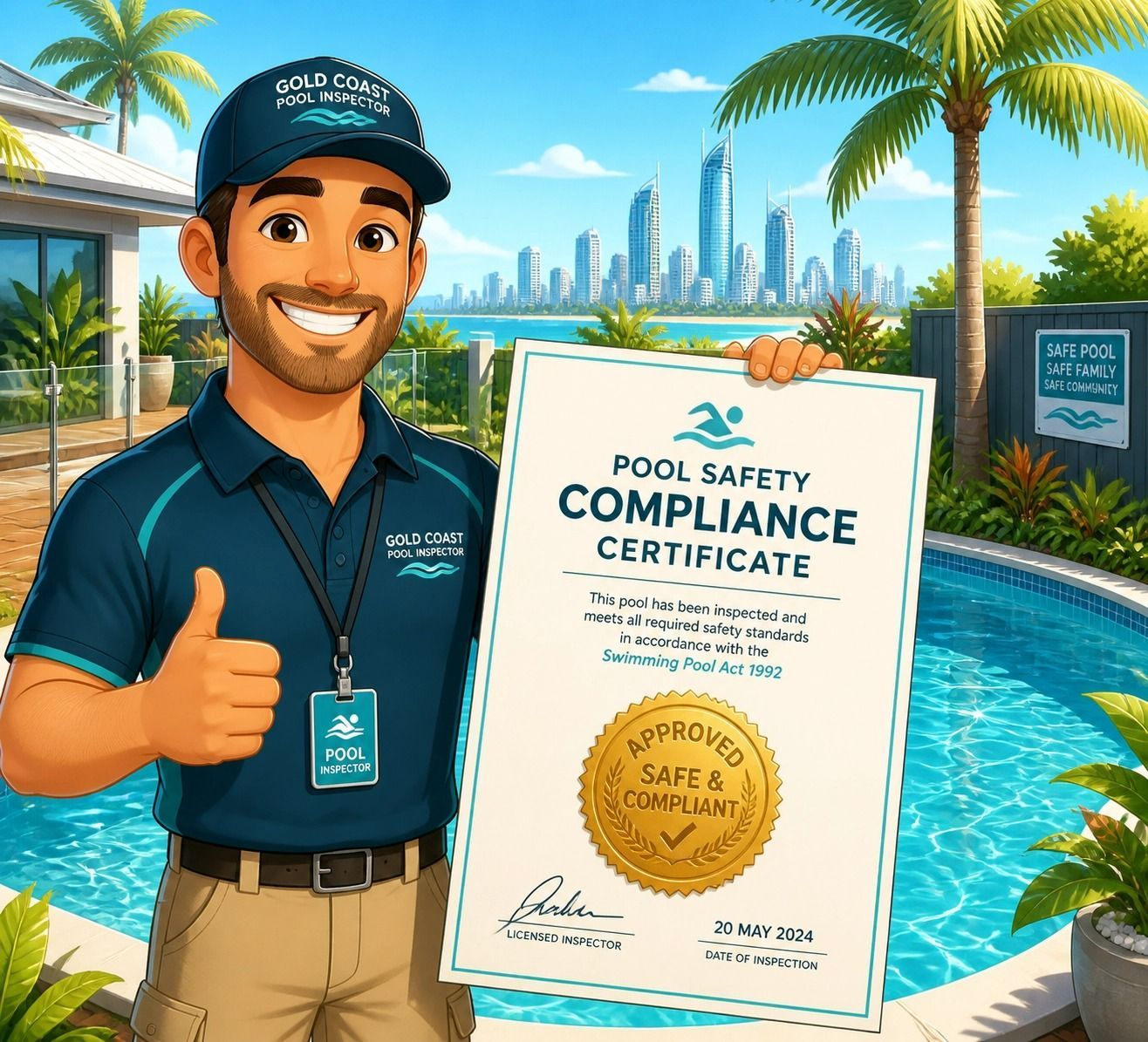 Pool Safety Compliance Certificate Held by Smiling Lifeguard — Get My Pool Certified in Burleigh Waters, QLD