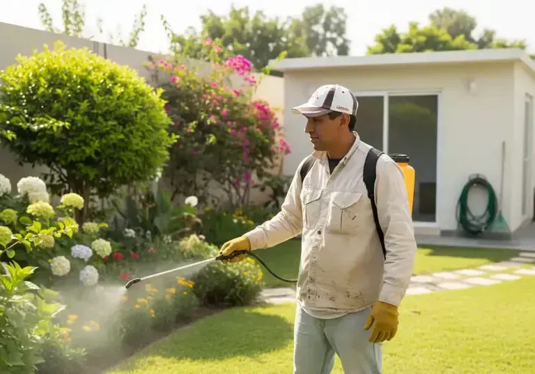 Una persona riega las plantas con una manguera en un jardín soleado junto a una casa blanca.