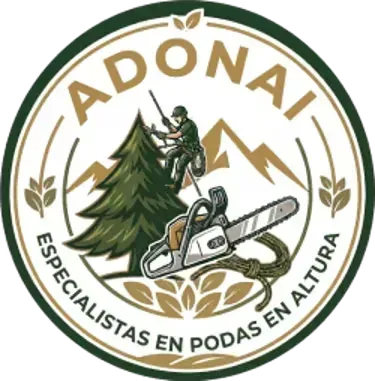 Logo de ADONAÍ: leñador con motosierra junto a pino, montañas y hojas, texto “Especialistas en podas en altura”