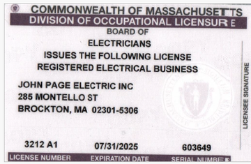 A commonwealth of massachusetts division of occupational license for electricians