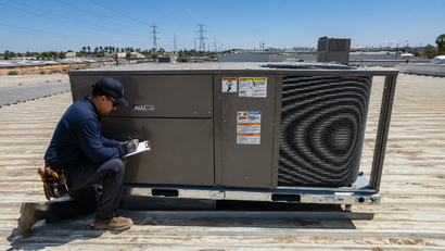 Technician inspecting a rooftop HVAC unit with exposed fan assembly on a sunny industrial rooftop