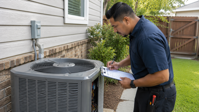Technician inspecting an outdoor air conditioner unit beside a house with a clipboard