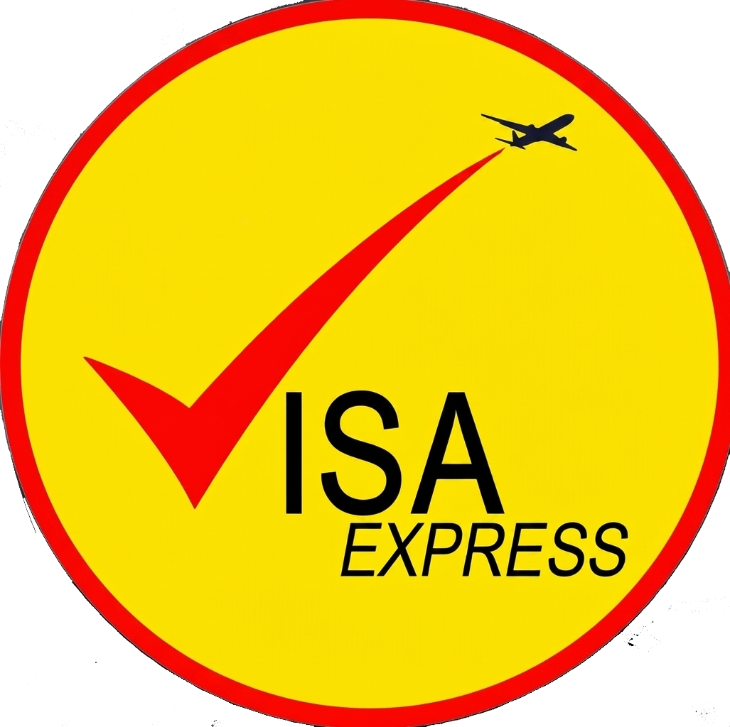 Logotipo de Visa Express: Texto rojo y banderas de varios países en un recuadro marrón. Debajo aparece