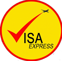 Logotipo de Visa Express: Texto rojo y banderas de varios países en un recuadro marrón. Debajo aparece