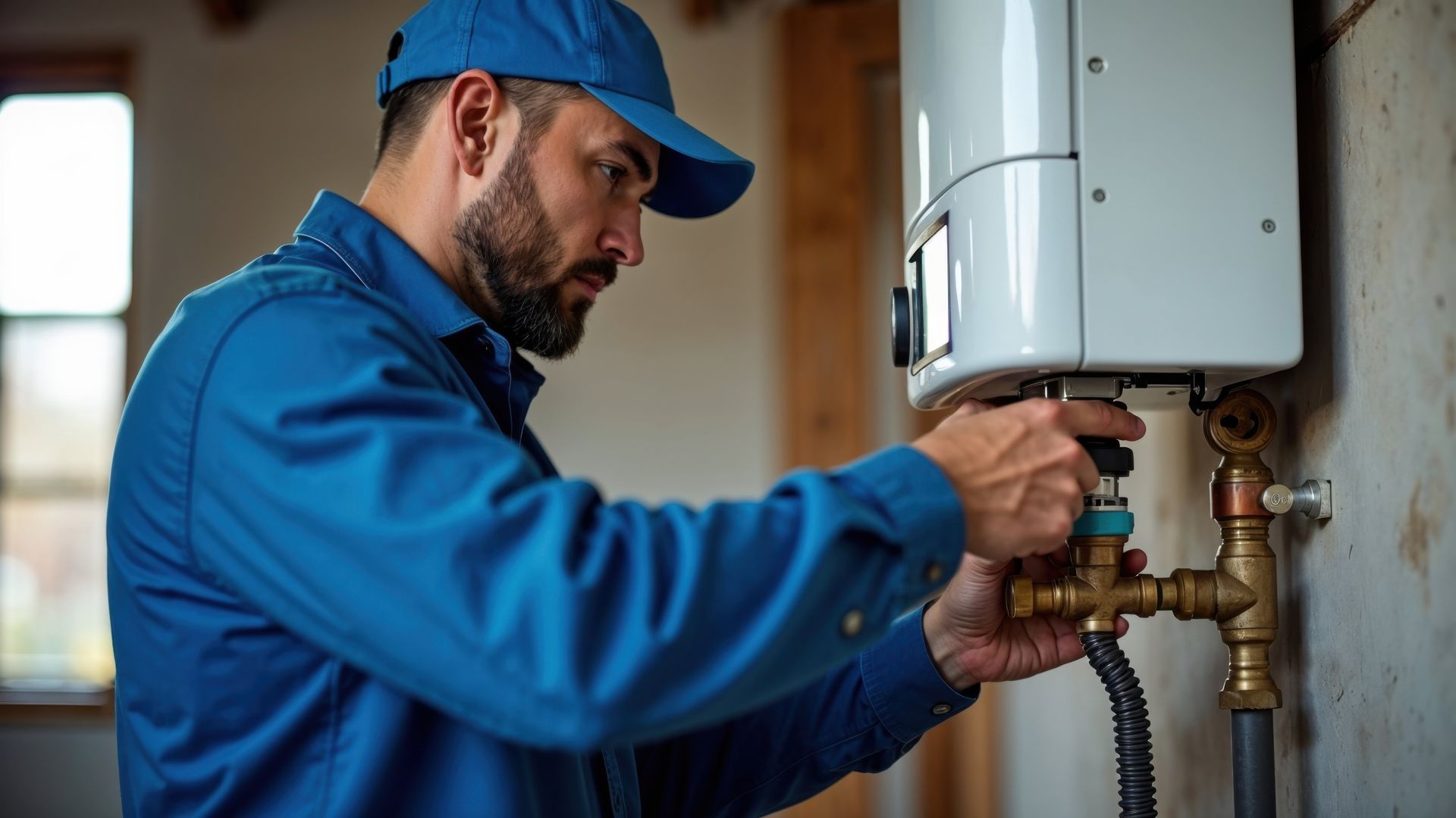 Person using a screwdriver to repair a gas boiler, indoors. A plumber in a blue uniform is installing a tankless water heater on a wall.