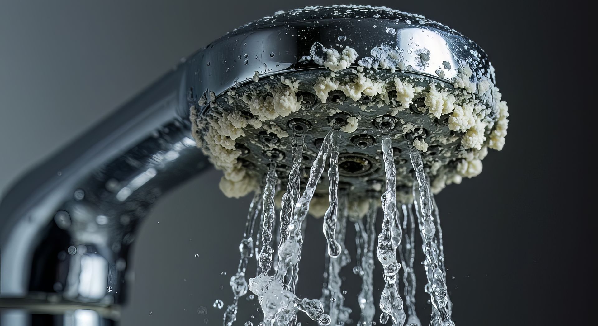 Chrome showerhead with heavy white limescale buildup spraying water.