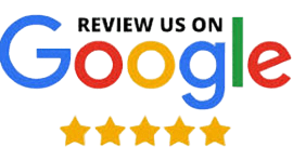 “Review us on Google” graphic with Google logo and five gold stars
