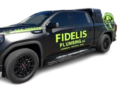 Black Fidellis Plumbing LLC pickup truck with company logo and phone number on the side