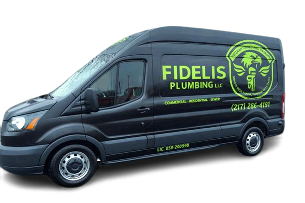 Black Fidelis Plumbing van with green logo and contact info on white background