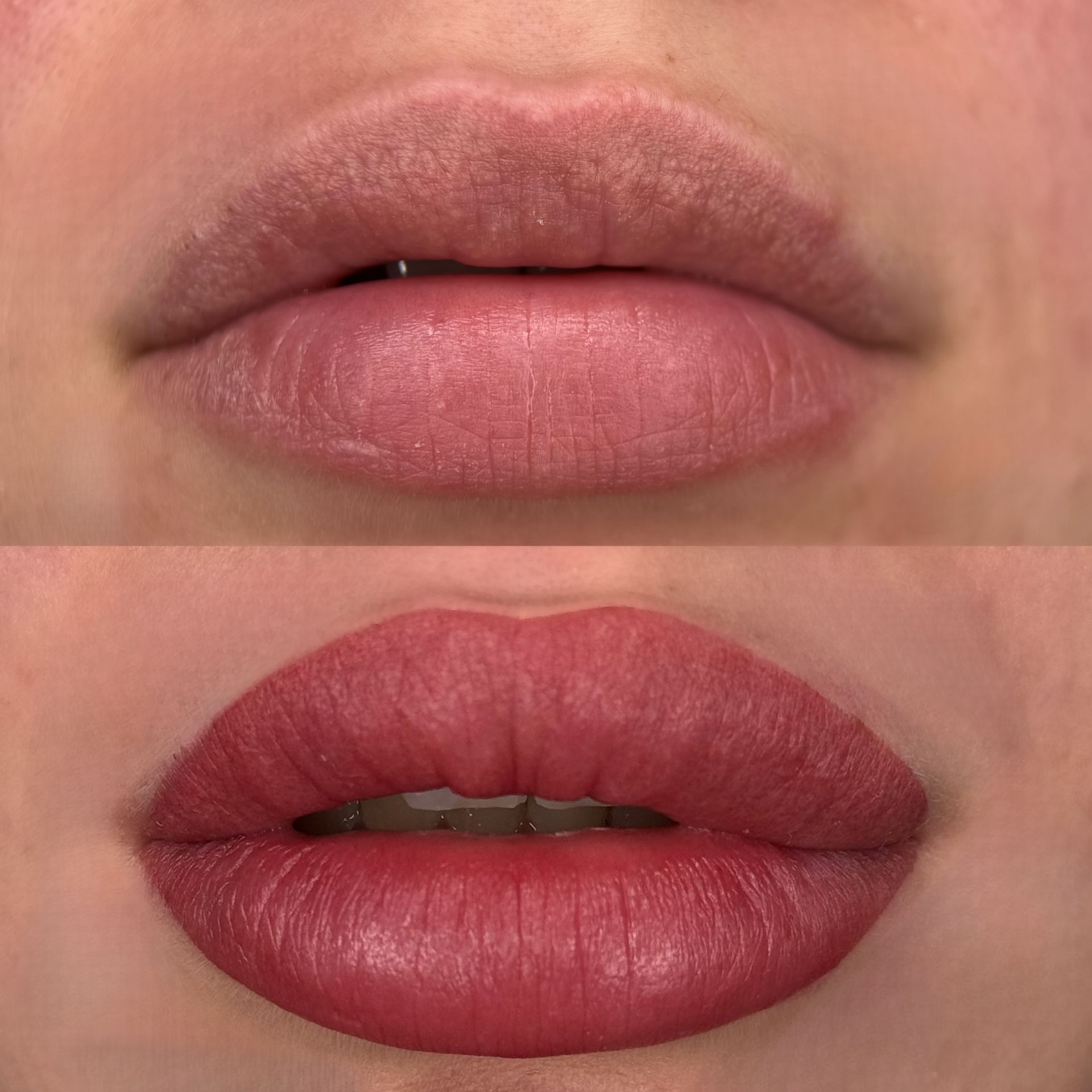 Ein Vorher-Nachher-Foto der Lippen einer Frau mit rotem Lippenstift.