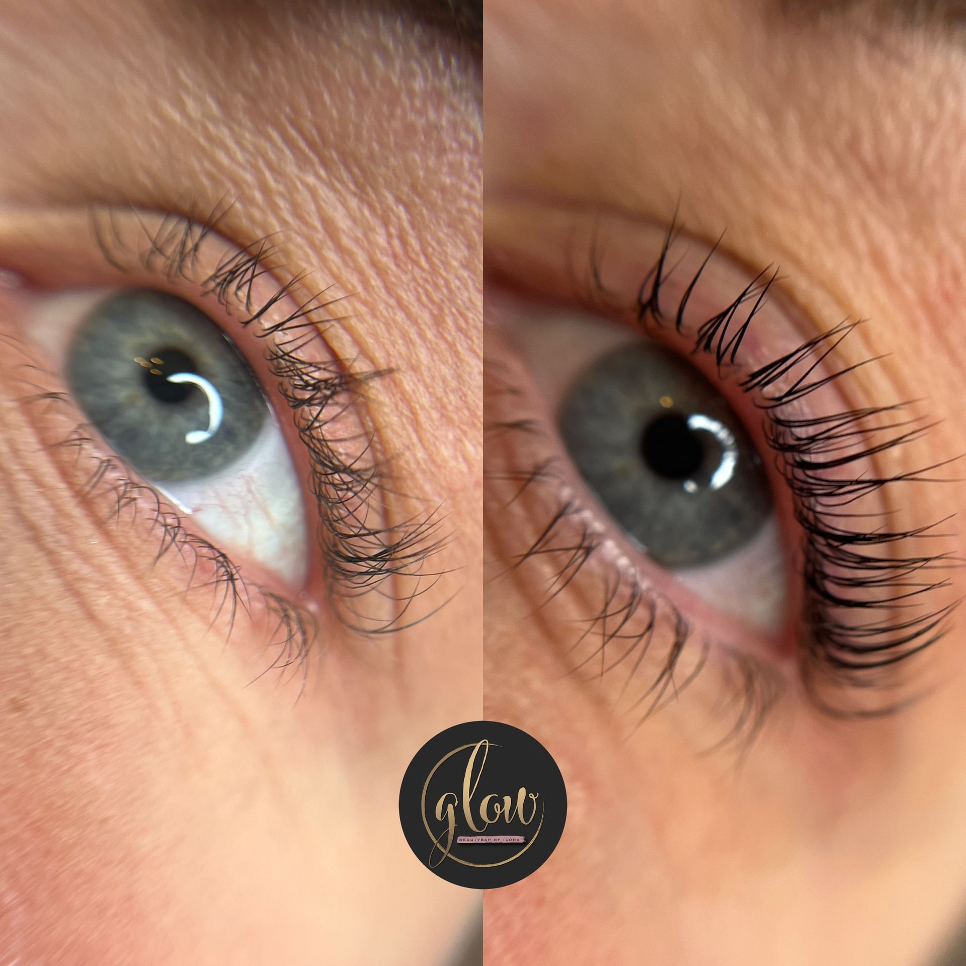Ein Vorher-Nachher-Bild des Auges einer Frau mit langen Wimpern.