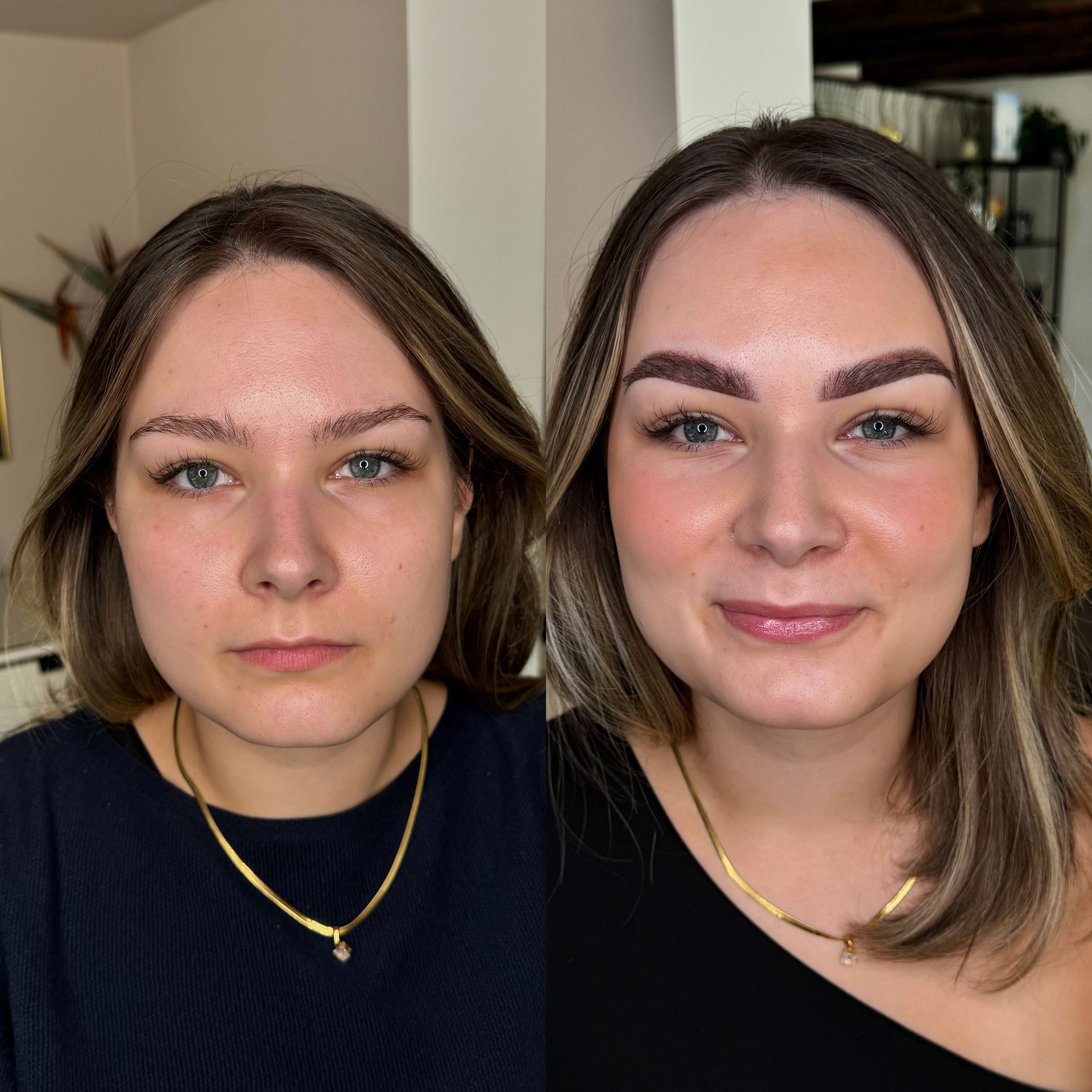 Ein Vorher-Nachher-Bild der Augenbrauen einer Frau