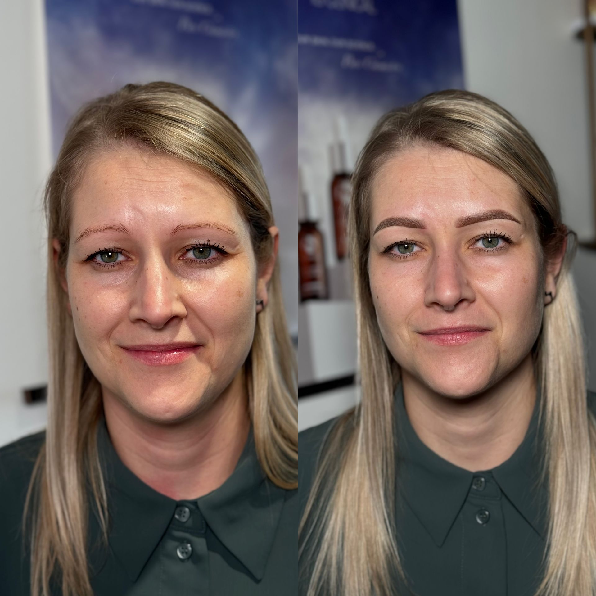 Ein Vorher-Nachher-Bild der Augenbrauen einer Frau