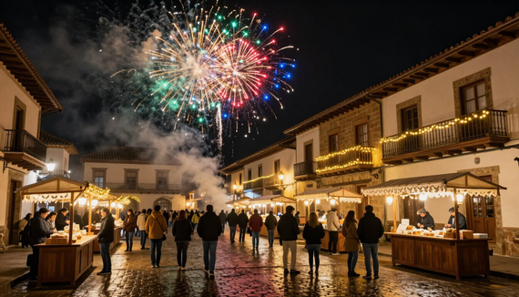 Piazza illuminata da uno spettacolo pirotecnico durante una festa patronale