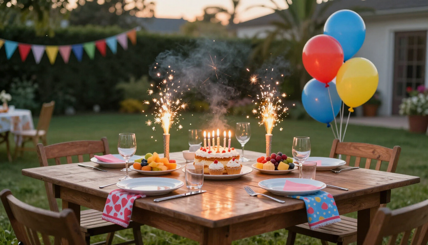 Tavola festiva con piccoli effetti pirotecnici accesi