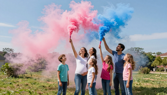 Famiglia che osserva esplosione di fumo colorato rosa e azzurro