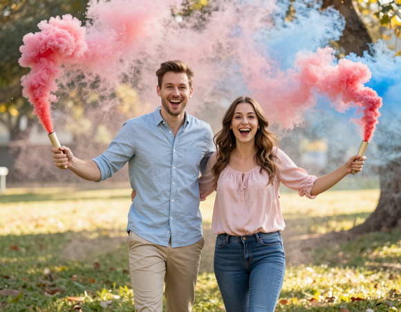 Coppia che attiva fumo colorato rosa e azzurro durante gender reveal