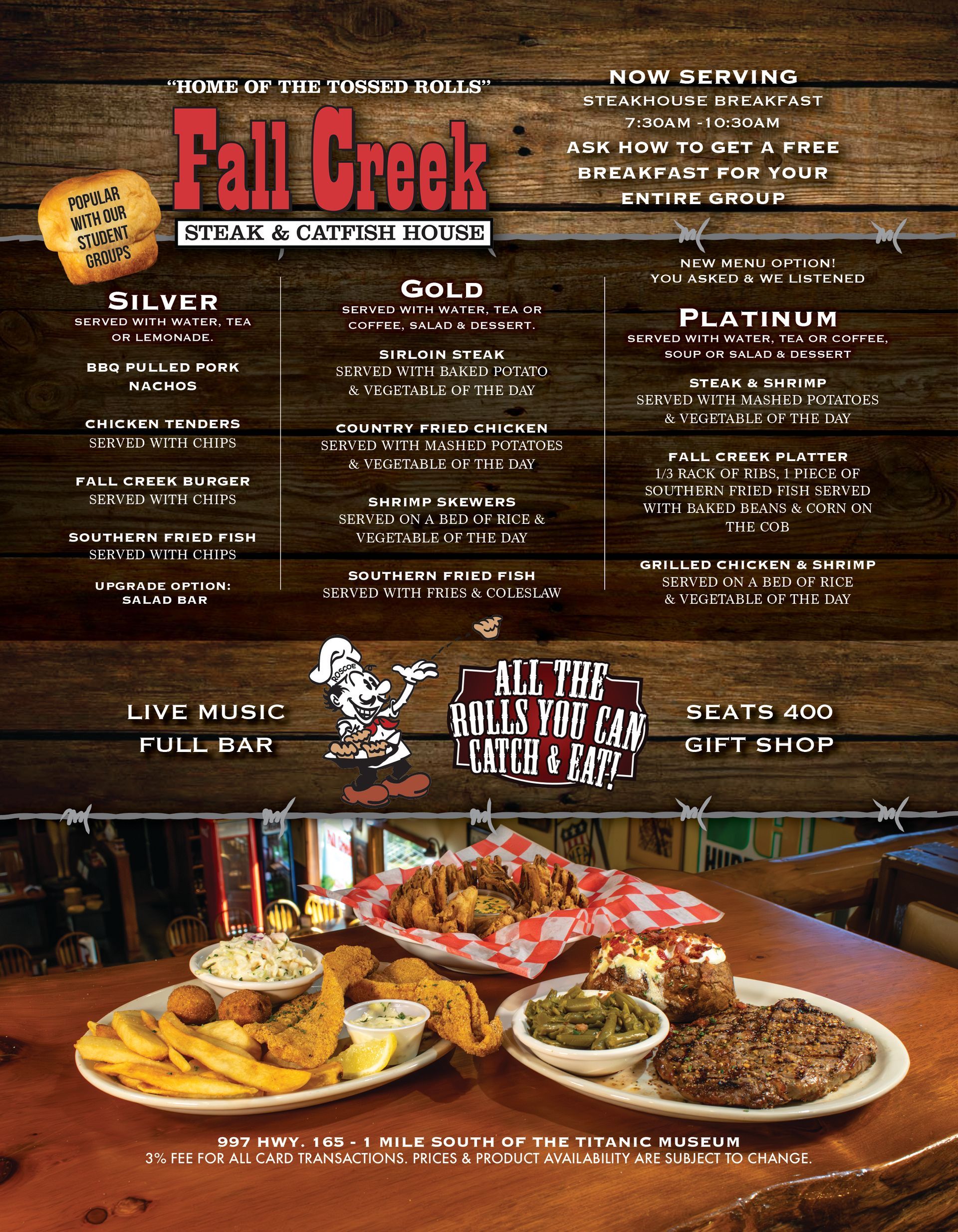 Menu board for Fall Creek Bar & Grill. Features lunch and dinner options, a kids' menu, and bar information.