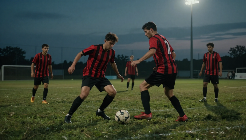 Players challenging for the ball under floodlights