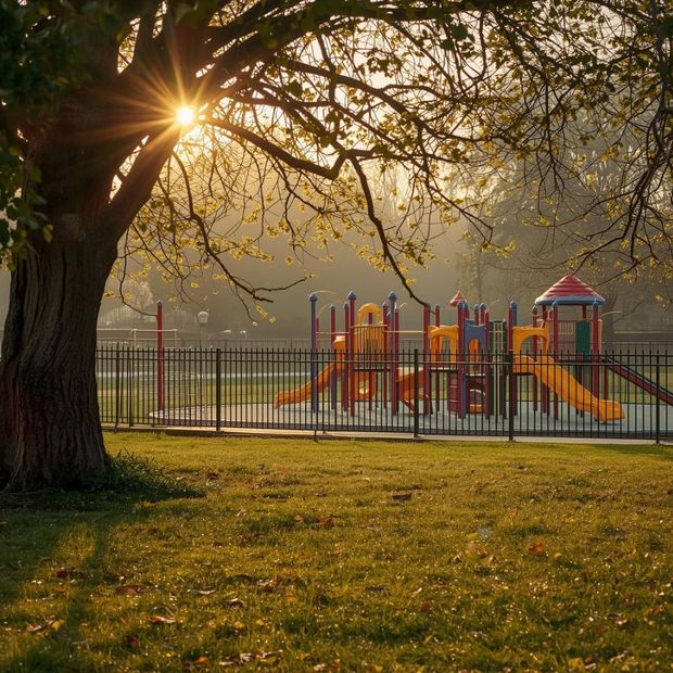 A colorful playground behind a metal fence, set in a grassy park at sunrise with a large tree in the foreground.