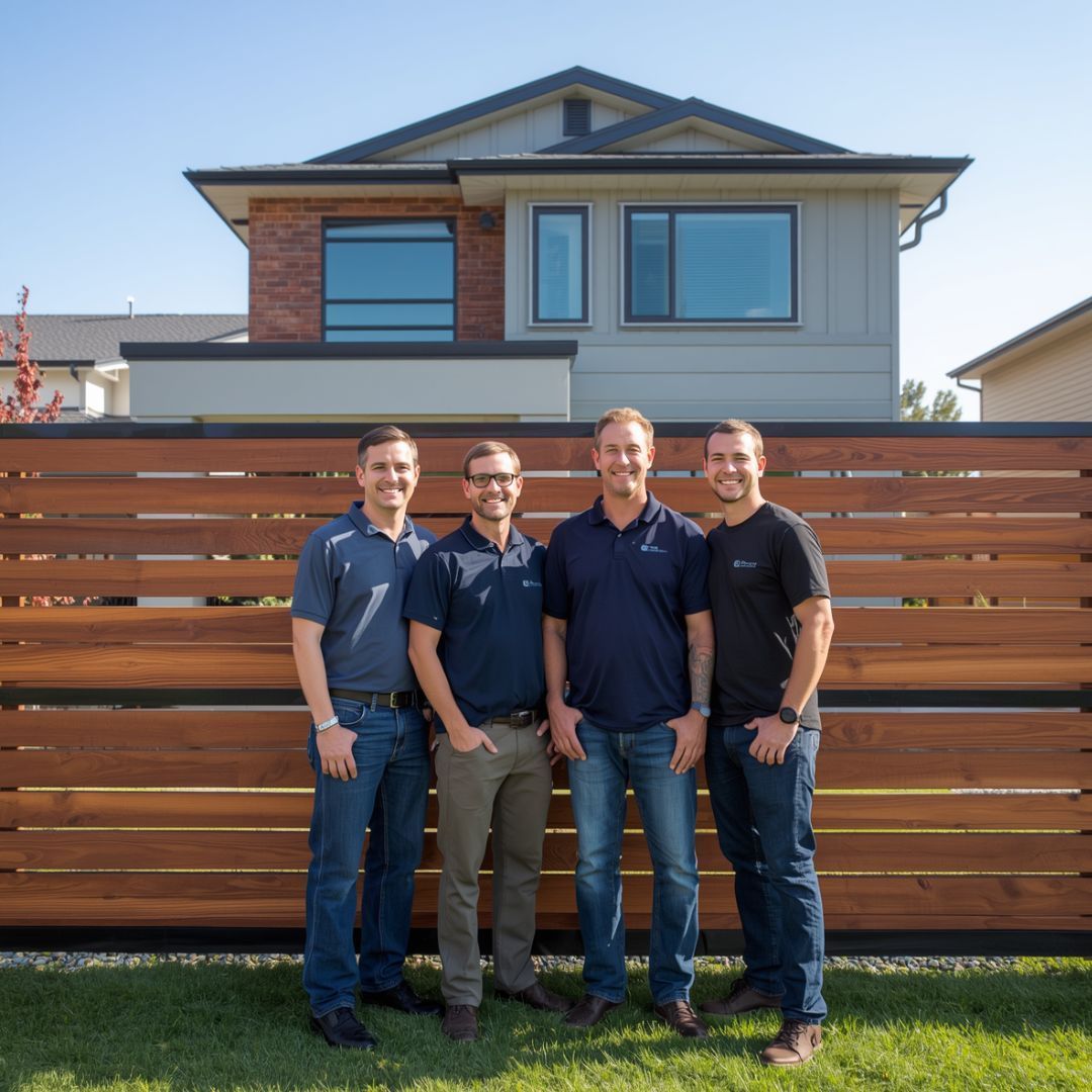 Four men standing in front of a modern house and wooden fence, smiling outdoors in daylight