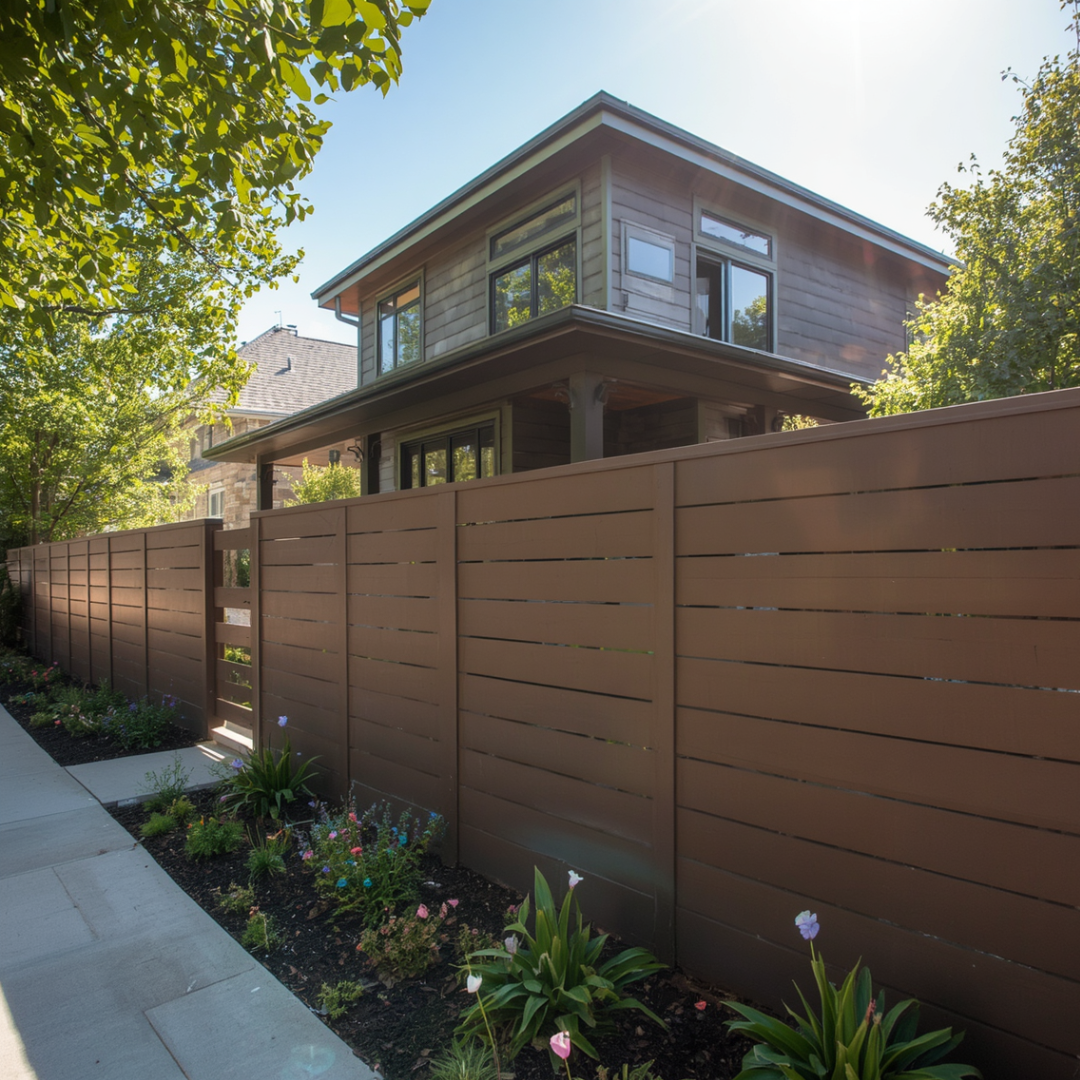 Four men standing in front of a modern house and wooden fence, smiling outdoors in daylight