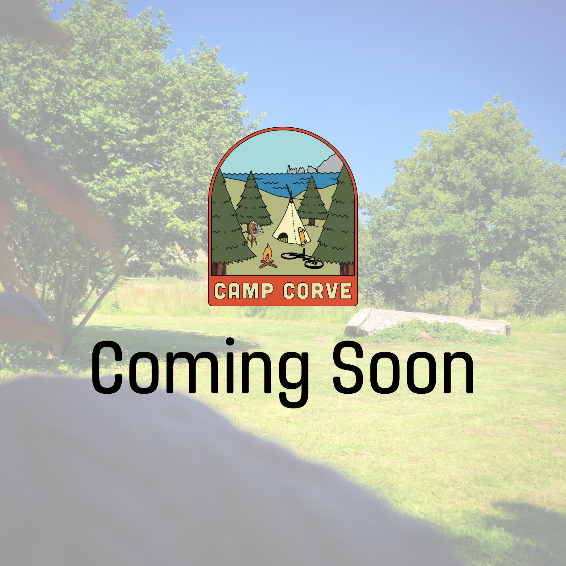 Camp Corve logo over a blurred outdoor scene with the words