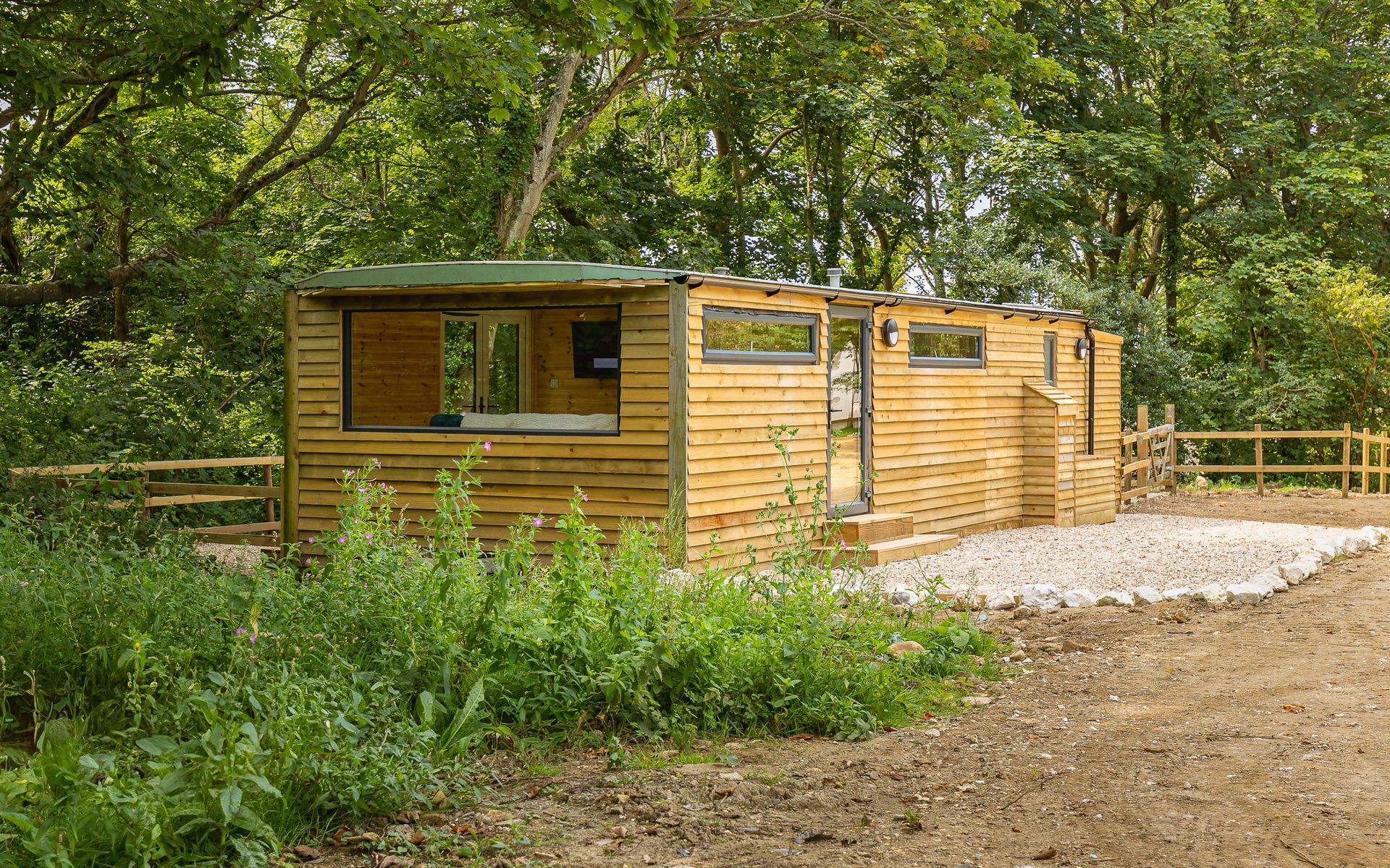 Wooden cabin in a wooded area with gravel pathway and small windows.