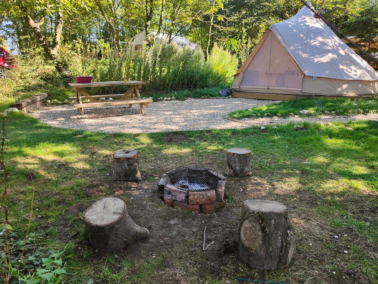 Campground scene: tent, picnic table, fire pit with logs for seating, surrounded by greenery.