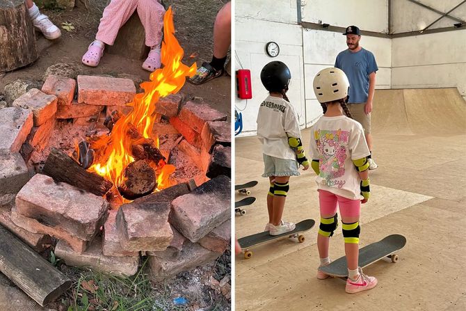 Left: Campfire in a brick enclosure with people around it. Right: Children skateboarding with instructor in a skatepark.
