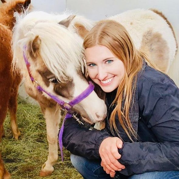 A woman is kneeling down next to a pony with a purple bridle